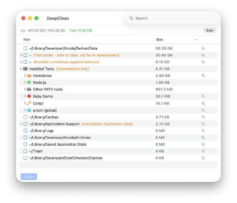 DeepClean一款强大而智能的 macOS 系统清理及开发者工具管理软件