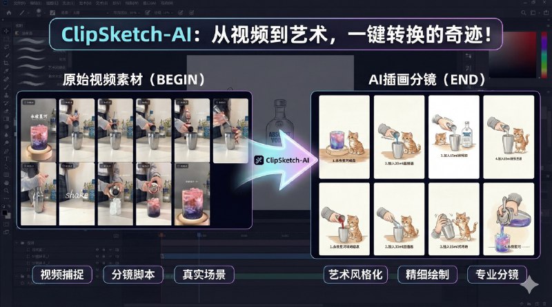 一键将视频转化为AI手绘故事非常适合用来二创，支持解析B站、小红书链接，能够转化为精美的手绘故事，并自动撰写文案，自媒体必备