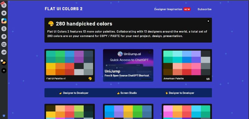 Flat UI ColorsFlat UI Colors 配色网站提供了一系列平面化设计风格的颜色方案，非常适合现代化 Web 设计和移动应用开发