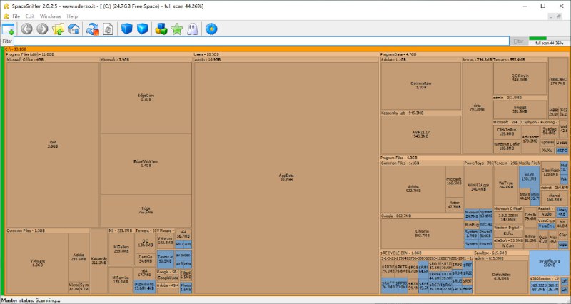 SpaceSniffer 一款由 Uderzo Software 开发的免费 Windows 工具，采用独特的 Treemap 可视化技术，直观展示磁盘上文件和文件夹的占用空间