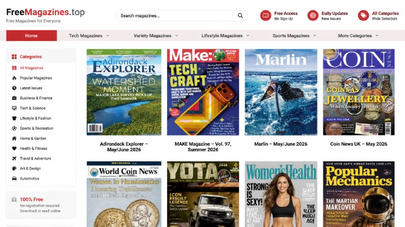 Free Magazines PDF（免费杂志下载站）一个提供免费电子杂志下载的网站，汇集来自美国、英国、加拿大等多个地区的各类杂志资源（如科技、时尚、体育、生活等），用户可以在线浏览或下载PDF格式内容，无需订阅即可获取最新期刊