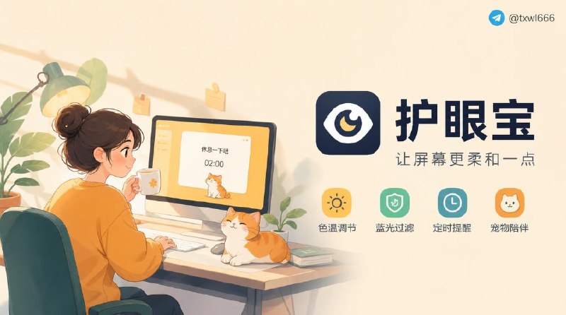 护眼宝，让屏幕更柔和一点护眼宝提供柔和的屏幕色温滤镜、蓝光过滤、定时休息提醒和可爱的宠物动画陪伴