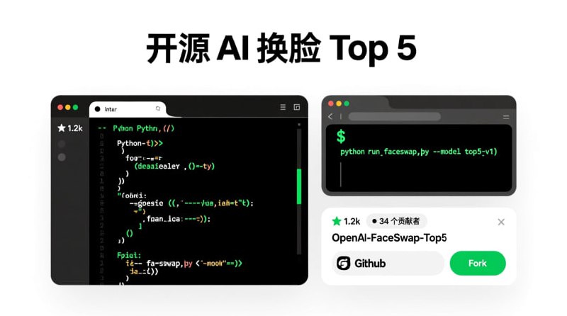 🎨 5 款必收的开源 AI 换脸神器💻 免费开源 · GitHub 项目 · 建议收藏慢慢玩……🎭 图片 / 视频换脸1️⃣ FaceSwap — 老牌换脸项目，功能全面，社区成熟  2️⃣ Ghost — 偏研究向，高质量人脸生成与替换  3️⃣ Wunjo — 集成式工具，图形界面友好  4️⃣ Roop — 轻量快速，上手简单，效果直观  🎥 实时换脸5️⃣ Deep-Live-Cam — 支持摄像头实时换脸，演示效果炸裂  ……⚠️ 仅限技术学习与研究  请注意隐私与合规使用频道 | 💬 群组 | 📬 投稿 | 📨 商务#AI #换脸 #开源 #GitHub