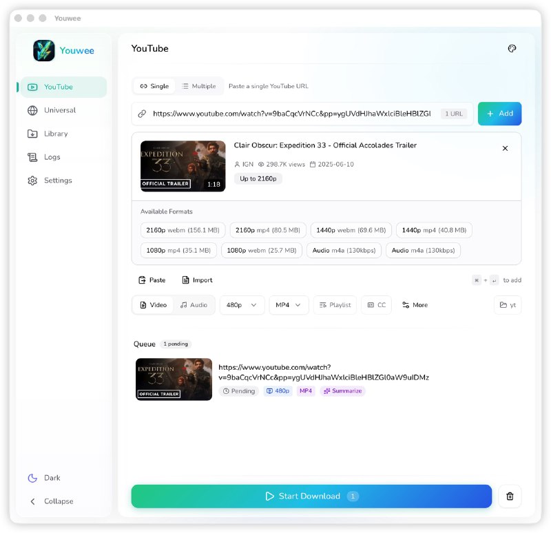 视频下载+AI生成摘要大佬搞的，支持Mac、Windows双端，支持从YouTube, TikTok, Facebook, Instagram等上千个网站下载视频，还可以用AI生成摘要，很好用～