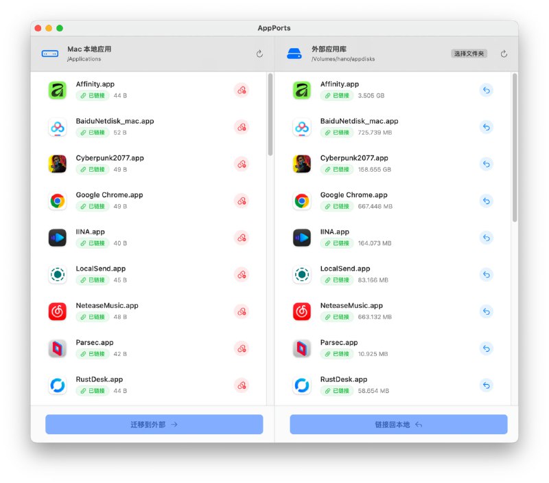 AppPorts | macOS 应用迁移与外部存储无缝链接工具专为 macOS 打造的开源实用工具，旨在解决本地磁盘空间紧张的问题