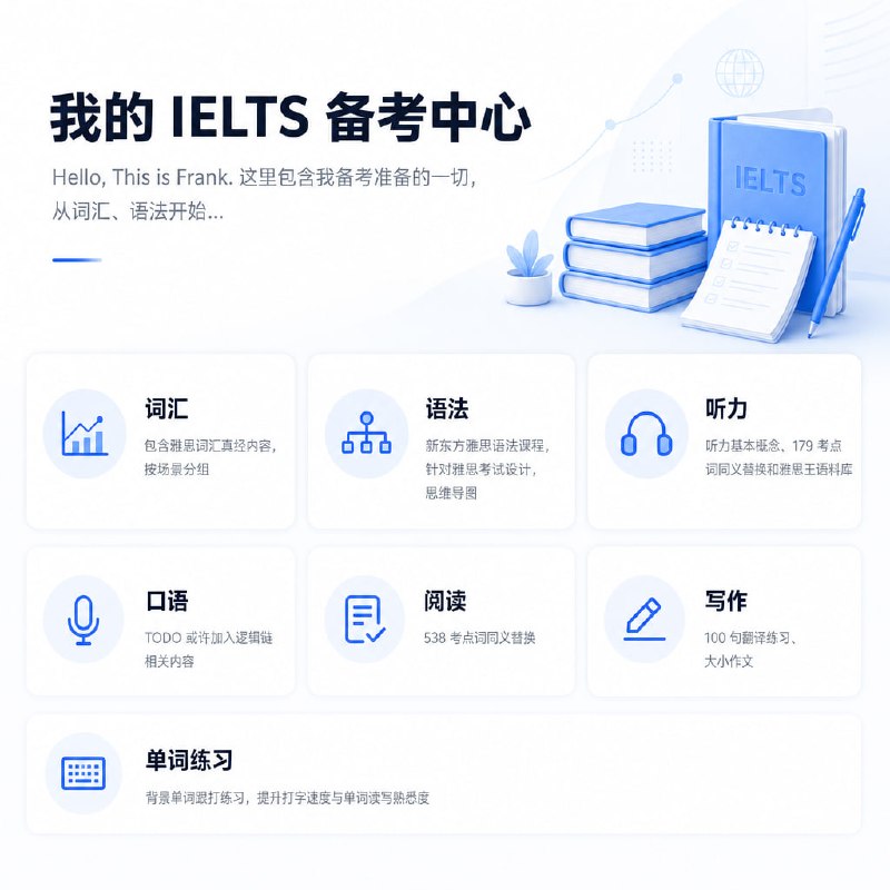 My IELTS™一个由 Frank 创建的个人雅思学习网站，整合了词汇、语法、听力、口语、阅读与写作等模块