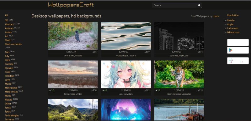 WallpapersCraft一个提供免费桌面壁纸和手机壁纸的网站，提供了超过97,000张高清桌面壁纸和手机壁纸，适用于PC、Mac、笔记本电脑、平板电脑和手机