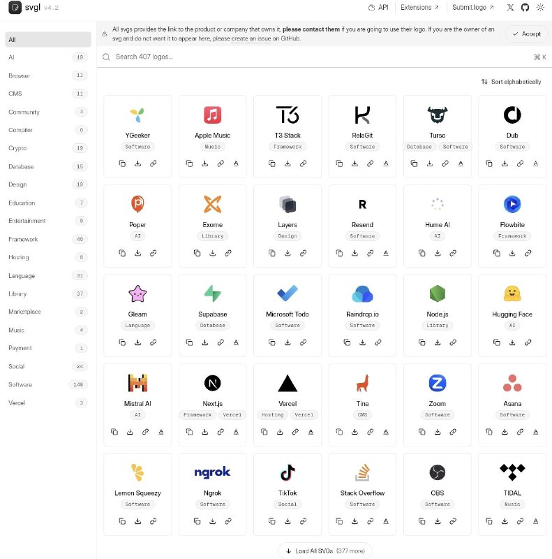 SVGL使用 Sveltekit 和 Tailwind CSS 构建的 SVG 图标库，目前共有 407 个 Logo，可一键复制下载，提供搜索和分类