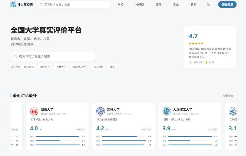 神人高校网 | 全国大学真实评价平台一个由真实学生投稿组成的 高校评价社区，提供宿舍、食堂、就业、校风等维度的评分与讨论，帮助择校用户获得更真实的信息