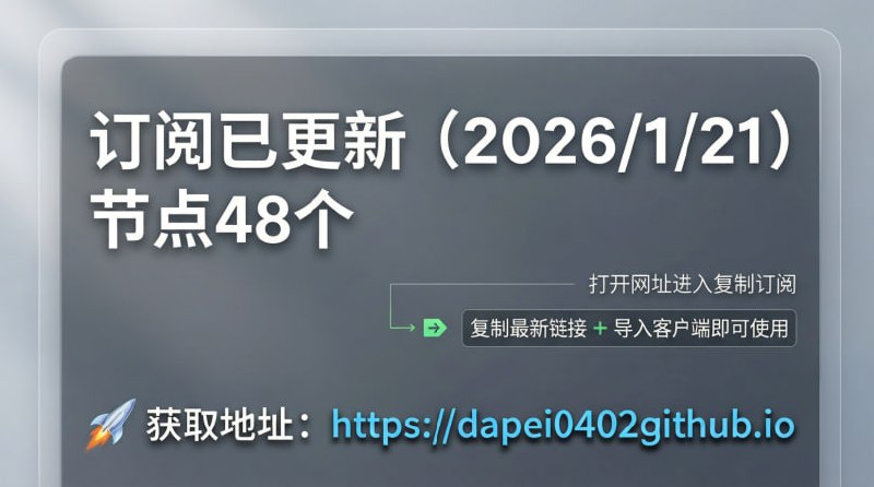 订阅已更新（2026/1/21）节点48个注意：打开网址进入复制订阅🚀 获取地址： 