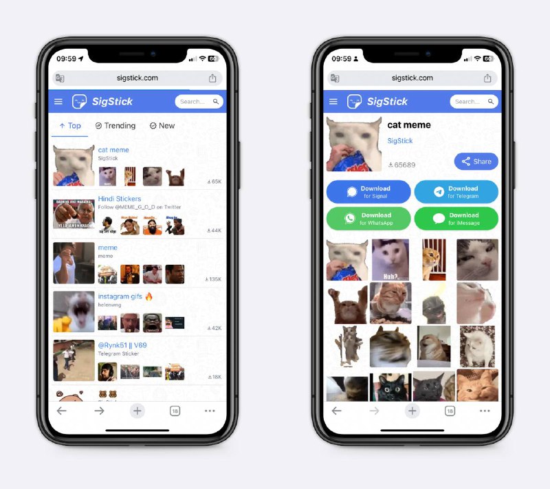 添加表情包支持添加到tg、whatsapp、signal和iMessage上，很多热门表情包，斗图、老司机必备～