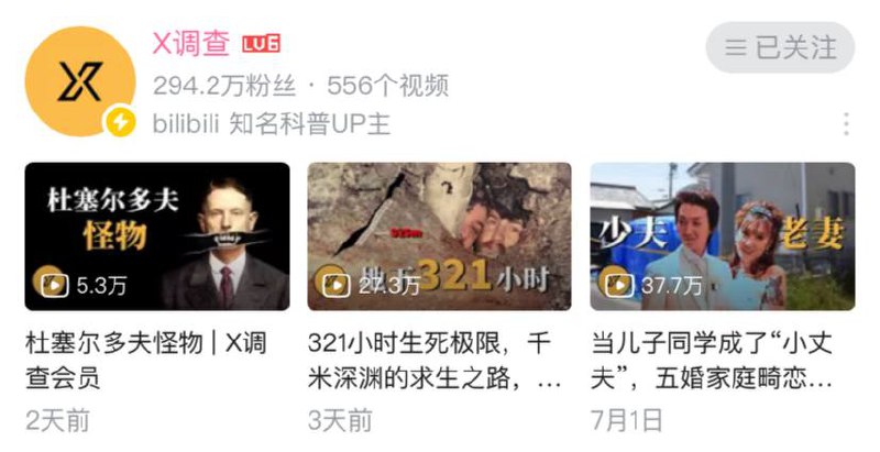 X调查 充电视频合集案件讲解分析类up主，294万粉丝，感兴趣可以收藏～