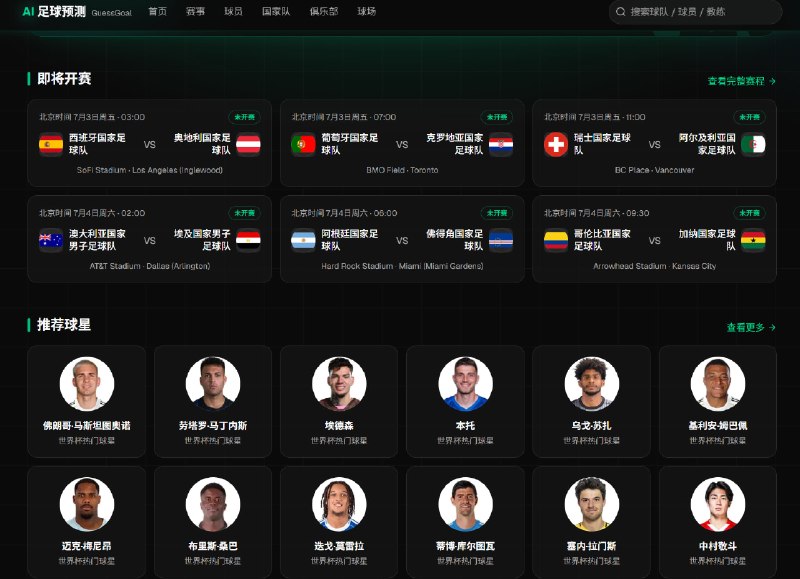 AI足球预测 GuessGoal | 足球数据库 · AI 足球比分预测2026 世界杯长期内容站：48 强球队、上千名球员与教练百科、赛程、以及 AI 多模型赛果预测