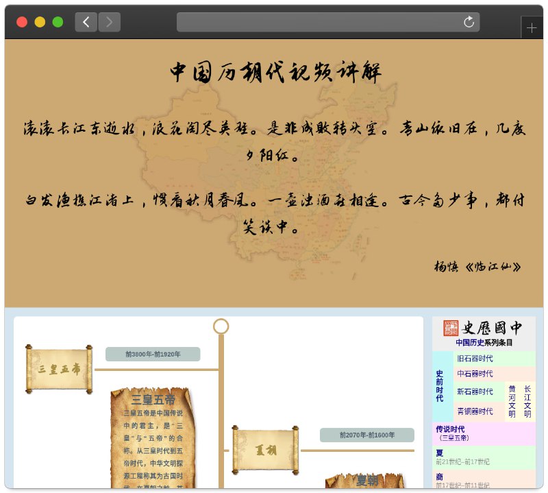 #网站分享中国历朝代历史视频讲解一个在线历史知识网站，汇聚了B站上综合数据（点赞，播放，投币，收藏）最高的一个/几个视频，收录整理了前3800年-前1920（三皇五帝）年开始到1912年-1949年（中华民国）期间的视频数据，做了比较精致的排版和介绍，点开就能看到介绍和相关的视频，纯手动整理，用爱发电，非常适合历史爱好者收藏学习