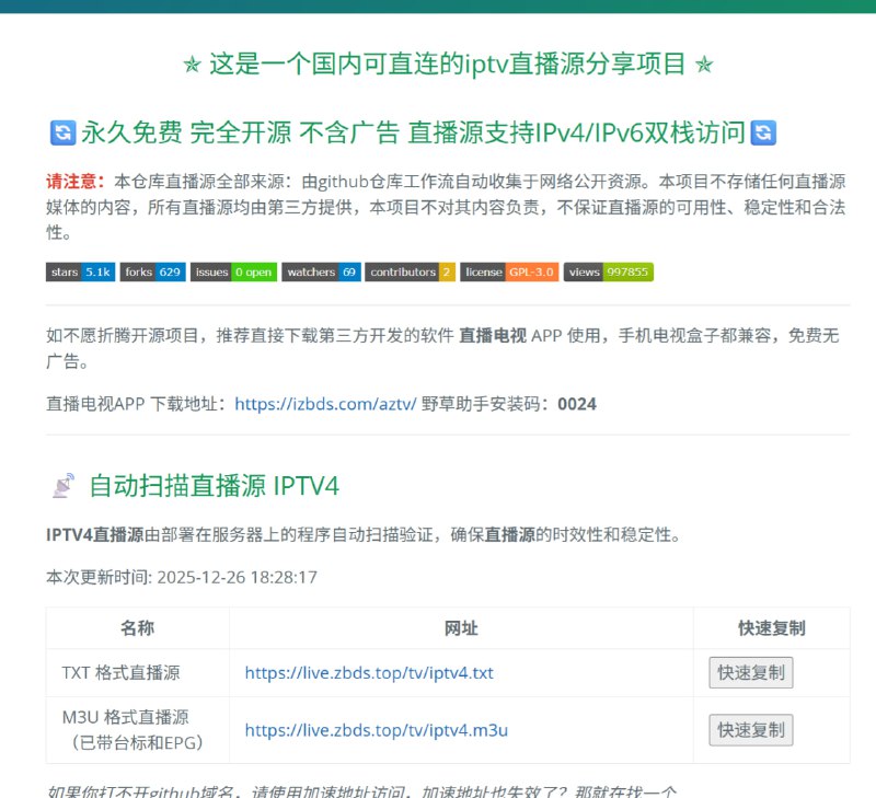 最新IPTV直播源|每日更新直播源|免费电视直播源|Github开源项目本项目免费提供最新开源的IPTV直播源,每6小时自动更新