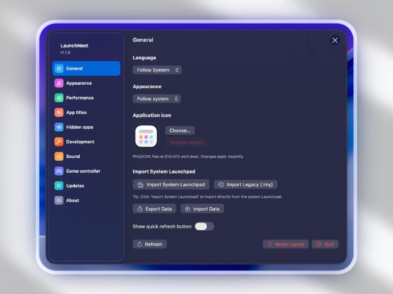 LaunchNext一个由 RoversX 在 GitHub 上开源的 macOS 应用启动器，旨在为升级到 macOS 26（Tahoe）后失去传统 Launchpad 功能的用户恢复经典的启动台体验