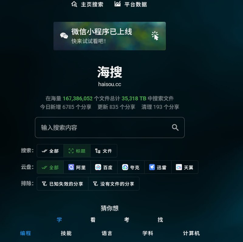 海搜在海量 167,385,172 个文件总计 35,317 TB 中搜索文件