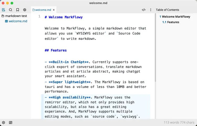 MarkFlowy开源支持Windows、Linux和macOS的markdown编辑器应用程序，旨在使编辑更高效、舒适