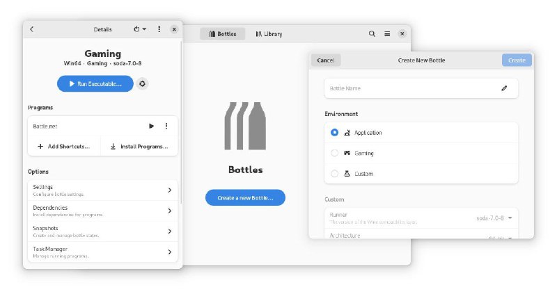 BottlesLinux上运行Windows软件一个在Linux上运行Windows软件的工具，预配置了支持在Linux上运行大量Windows视频游戏的环境
