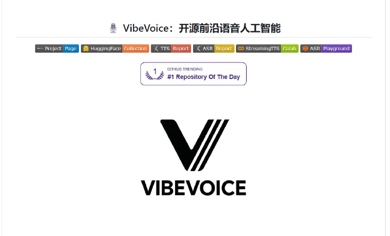 🔁 VibeVoice📦 开源项目 ｜ GitHub ｜ AI语音生成 + 识别➤ 长音频识别｜支持最长60分钟语音转文字（ASR）➤ 结构化转录｜自动识别说话人 + 时间戳 + 内容➤ 多人语音生成｜支持最多4人对话语音（TTS）➤ 超长语音｜可生成最长约90分钟连续音频➤ 实时语音｜支持低延迟流式TTS输出➤ 多语言支持｜覆盖50+语言识别能力➤ 开源研究｜适合开发与语音AI实验🌐 项目：