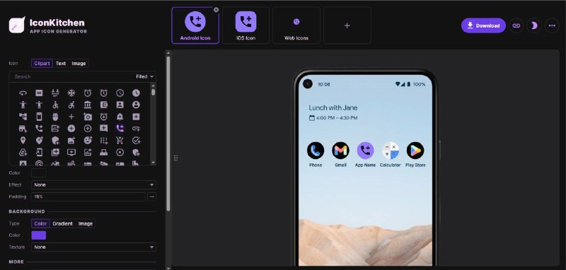 IconKitchen很方便的一个工具，可以生成安卓，iOS，Web app 等的图标