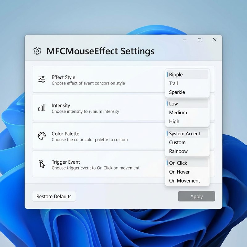 MFCMouseEffect一款轻量级、高性能的 Windows 桌面增强工具，旨在通过实时视觉反馈（波纹、粒子轨迹、文字特效等）提升您的交互体验