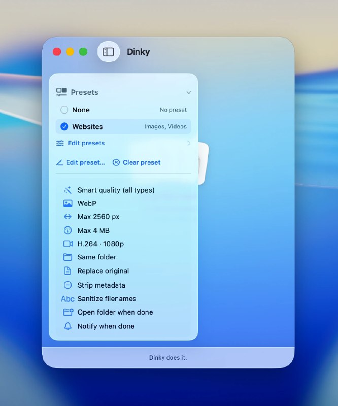 Dinky ｜本地文件智能压缩工具  专为 macOS（Apple Silicon） 打造的免费开源应用，可自动压缩 图片、视频、音频与 PDF，支持拖拽、剪贴板压缩、URL 压缩、批量处理、预设保存、格式转换、OCR、元数据清理、Watch Folder 自动化、CLI 与本地 API 等功能