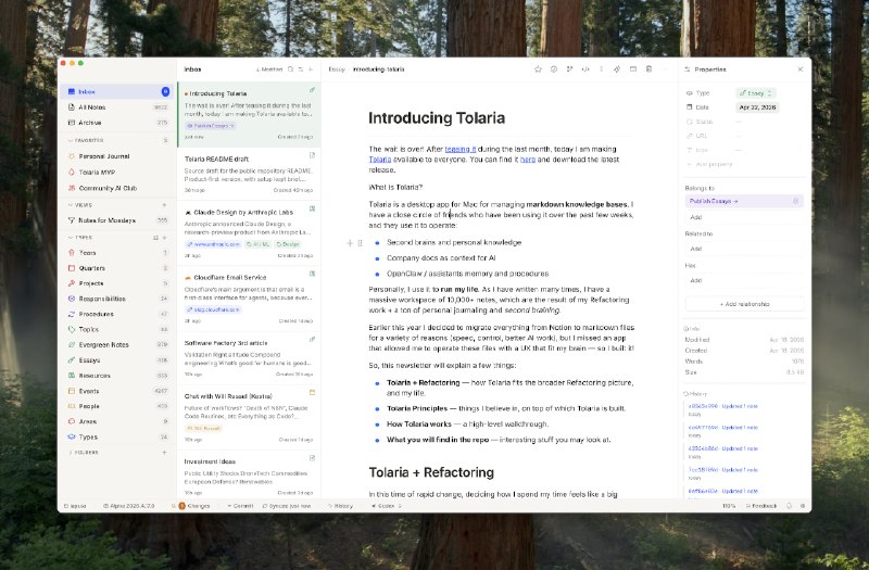 #markdown Tolaria - 一款面向 AI 时代打造的开源知识管理工具 官网Tolaria 可以理解为融合了 Notion 的编辑体验和 Obsidian 的本地优先理念的一个产品