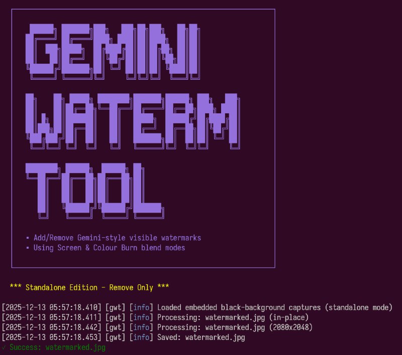 Gemini 水印工具Gemini 水印工具是一款轻量级的独立命令行工具，通过数学上精确的反向 Alpha 混合技术去除 Gemini Nano Banana / Pro 水印