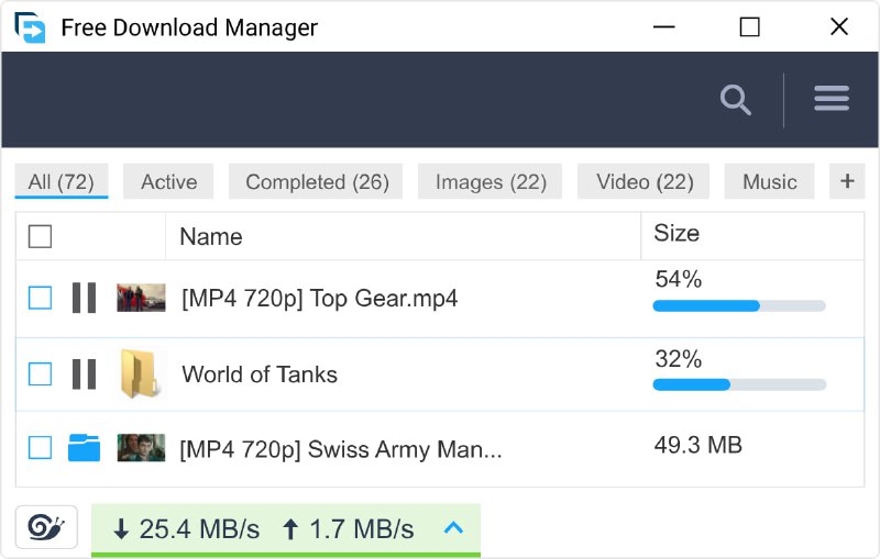 Free Download Manager适用于 Windows、macOS、Android 和 Linux 的 Free Download Manager 允许您调整流量使用、组织下载、控制 torrent 的文件优先级、有效下载大文件并恢复损坏的下载