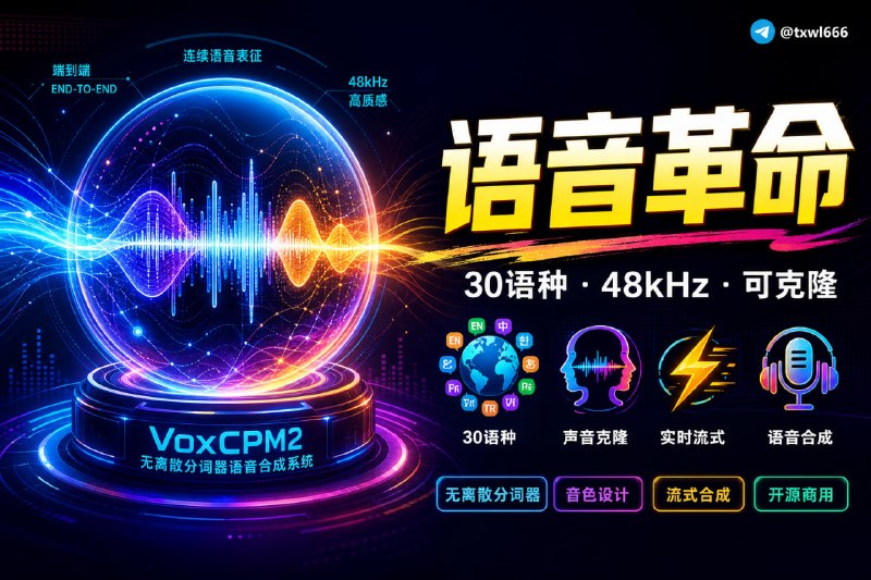 VoxCPM |基于连续表征的多语言语音合成、创意音色设计与高保真声音克隆一个无离散音频分词器（Tokenizer-Free）的语音合成系统，通过端到端的扩散自回归架构直接生成连续语音表征，绕过对音频的离散编码步骤，实现高度自然且富有表现力的语音合成