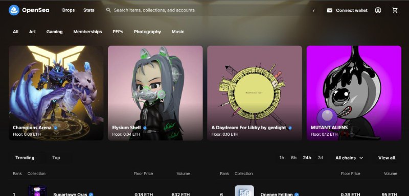OpenSea目前全球最大的综合NFT交易平台，用户可以在平台上铸造、展示、交易、拍卖NFT