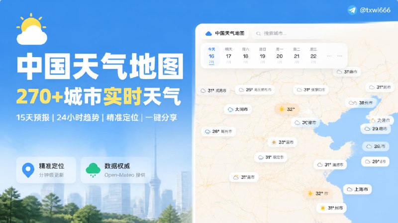 中国天气地图 | 实时城市天气预报可视化实时查看全国 270+ 城市的天气状况、15 天预报与 24 小时趋势