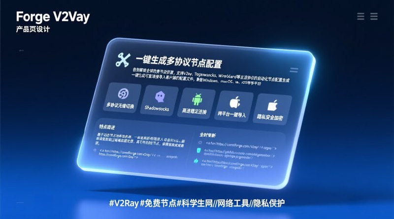 ✨ ConfigForge V2Ray：免费节点配置与多协议链接生成！💻 告别繁琐的手动配置！ConfigForge V2Ray 及其相关服务为您提供免费、自动化的节点配置，支持 VLESS、Trojan 和 Shadowsocks 等多种主流协议