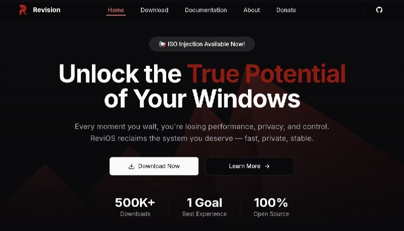 ReviOS 由 Revision 团队自 2019 年起开发的 Windows 修改项目，目标是提供一个更快、更私密、更稳定的系统体验