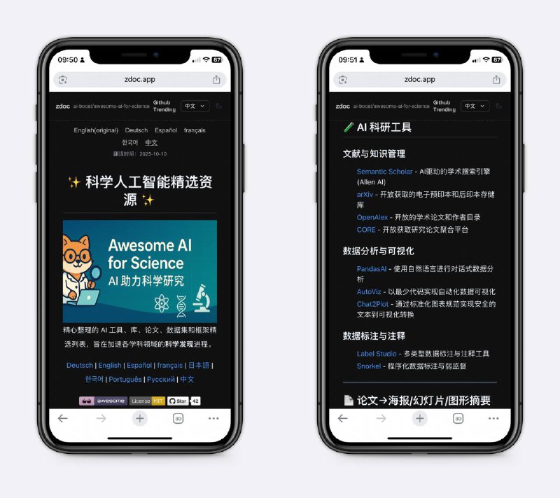 科研类的AI资源合集大佬收集，主要是AI在科研领域的各种应用，包括文献检索、文档解析，数据分析与可视化等～