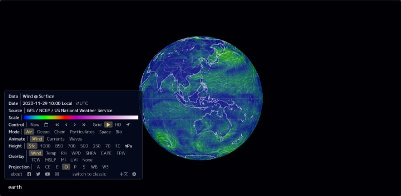 Earth一个可视化全球天气实况的网站，以可视化的方式展示了全球的天气情况，提供了风、温度、相对湿度等多种天气数据，以及风、洋流和波浪的动画效果