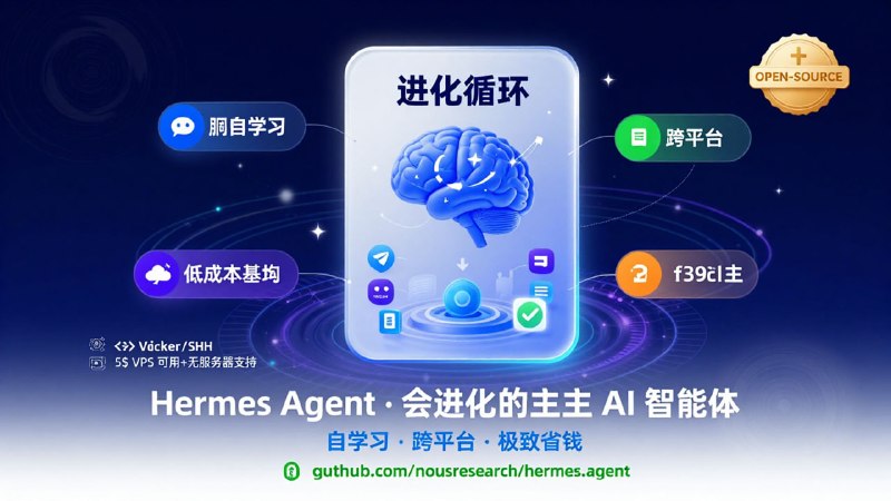 ☤ Hermes Agent：具备“进化”能力的自主 AI 智能体「 内置学习循环 · 跨平台接管 · 极致省钱的生产力工具 」自学习循环: 🧠 唯一内置学习闭环的智能体