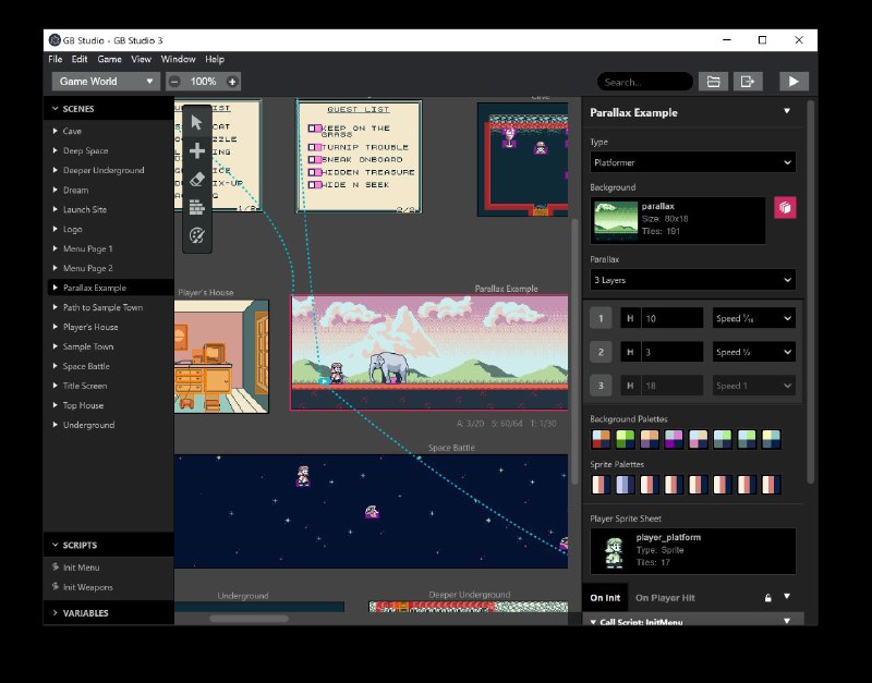 GB Studio是一款用于制作GameBoy游戏的游戏制作软件，就算你没有编程基础也没问题，这款软件使用超级简单，只要你有足够的创意就能通过GB Studio制作出你心目中的GameBoy游戏
