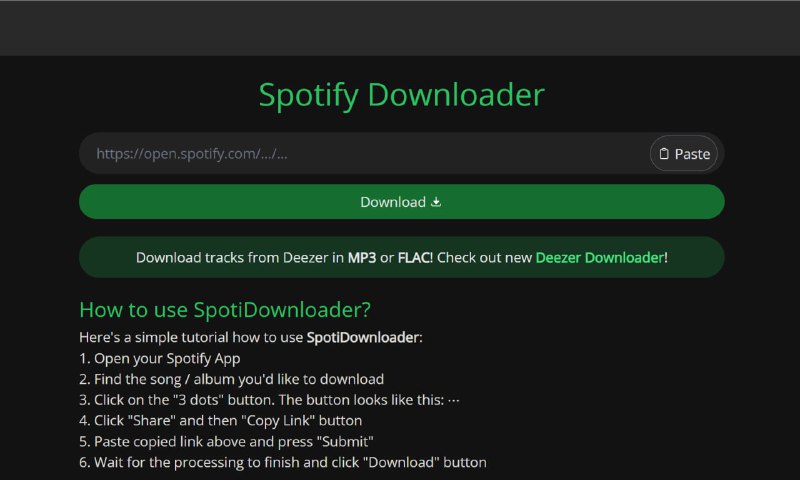 #网站分享Spotify音乐下载工具SpotiDownloader是一款免费的在线音乐下载网站，通过网站可以将Spotify中的歌曲、专辑和播放列表转换为MP3等格式并下载，让用户随时随地享受高质量的音乐