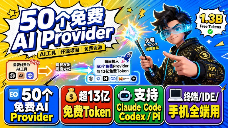 🔥 50 个免费 AI Provider — 免费使用 Claude Code、Codex、Pi 等📦 AI工具 ｜ 开源项目 ｜ 免费资源