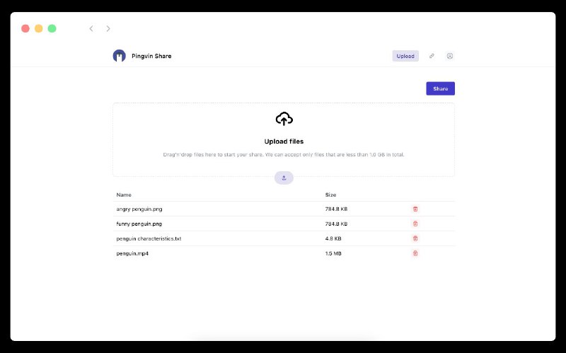 Pingvin Share 是一个可自建的文件分享平台，是 WeTransfer 的一个替代品✨ 特性通过可自定义后缀的链接分享文件可自定义任意大小的文件上传限制 (受制于托管所在的硬盘大小)对共享链接设置有效期限对共享链接设置访问次数和访问密码通过邮件自动发送共享链接整合 ClamAV 进行反病毒检查链接  开源#网站 #开源 #网盘Pingvin Share 是一个可自建的文件分享平台，是 WeTransfer 的一个替代品✨ 特性通过可自定义后缀的链接分享文件可自定义任意大小的文件上传限制 (受制于托管所在的硬盘大小)对共享链接设置有效期限对共享链接设置访问次数和访问密码通过邮件自动发送共享链接整合 ClamAV 进行反病毒检查链接  开源#网站 #开源 #网盘