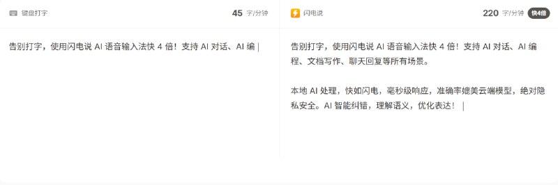 闪电说告别打字，用闪电说 AI 语音输入法快 4 倍AI 对话、AI 编程、文档写作、聊天回复......全场景都能用，支持所有应用