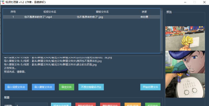 视频处理器导入视频文件夹：支持批量导入视频文件（.mp4, .avi, .mov）