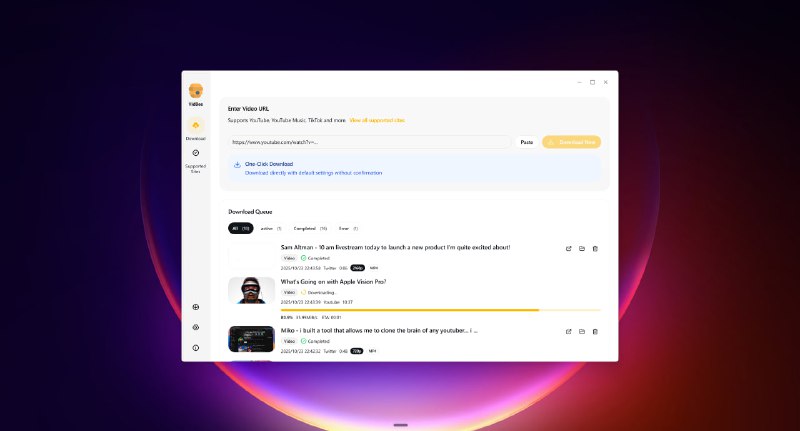 VidBee一款基于 Electron、React、TypeScript、Tailwind CSS 与 shadcn/ui 构建的视频下载工具，支持从全球 1000+ 网站下载视频、音轨与播放列表，具备智能平台识别、多格式支持与多语言本地化等特性