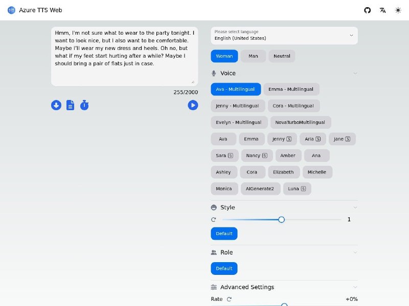 Free Azure Text To Speech支持最多 2000 字文本，生成的语音比较自然