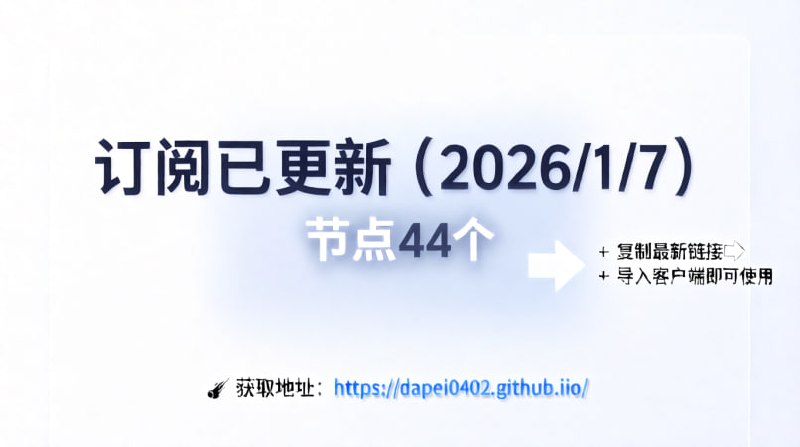 订阅已更新（2026/1/7）节点44个注意：打开网址进入复制订阅🚀 获取地址： 