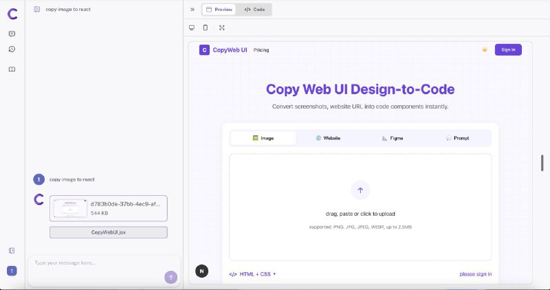CopyWeb UI可以通过 URL / 截图 / Figma / 提示词，一键生成代码组件，复刻还原度 80% 以上