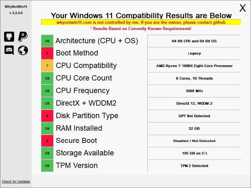 #软件分享 WhyNotWin11 – 第三方 Windows 11 升级检测工具WhyNotWin11 是一款第三方的检测工具，它能告诉你在目前的已知条件下，你的电脑是否符合 Windows 11 的安装条件，如果不能，还缺什么条件