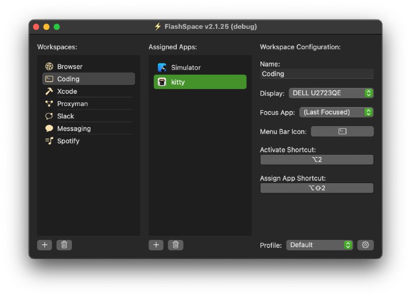 FlashSpace适用于 macOS 的超快速虚拟工作空间管理器，旨在 增强和替换原生 macOS 空间